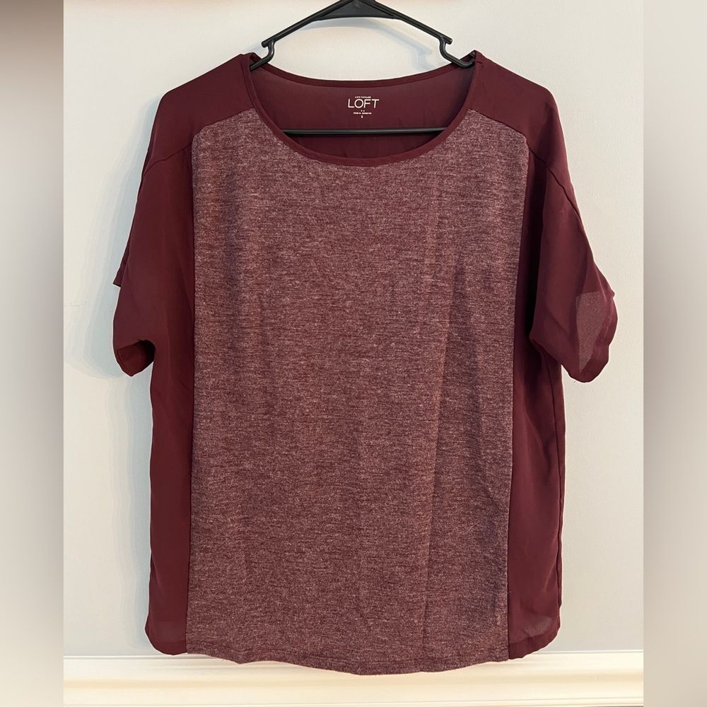 LOFT Short Sleeve Mixed Media Top Burgundy Size S